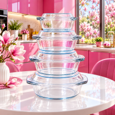 Кастрюли стеклянные DECO набор 4 объема 0,7–1,7 л с крышками для газовой, электрической плиты и микроволновки