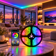 Светодиодная лента 5050 RGB – 16 цветов, IP65, 55 люмен, 9000 часов работы от USB 5V с Bluetooth и мобильным приложением