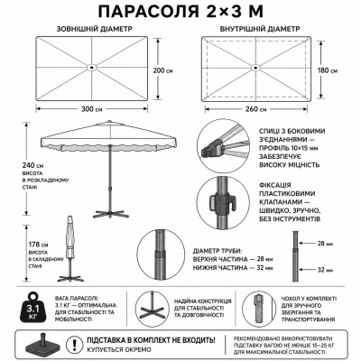 Зонтик Monsen 2×3 м для торговли с УФ-защитой, клапаном №0