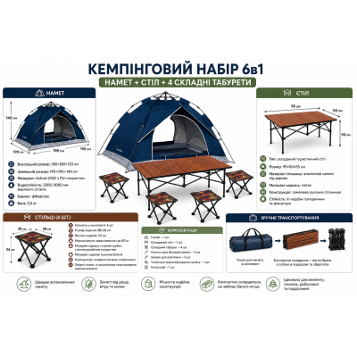 Кемпинговый набор 6в1: автоматическая палатка 190×190 см, туристический стол 95 см и 4 складных табурета №0