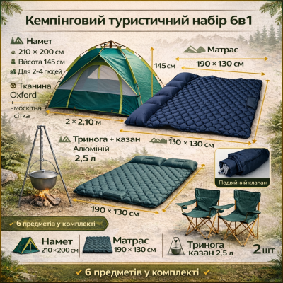 Кемпинговый набор 6в1 для туризма: палатка 210×200, матрас 190×130, тренога, котел 2,5л и 2 кресла. №0