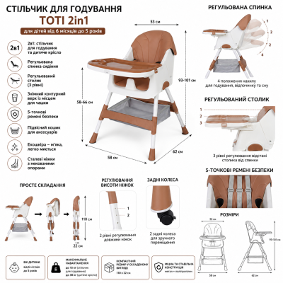 Стільчик для годування T-80265 2в1, сталева конструкція, регулювання, PU-оббивка, колеса №0