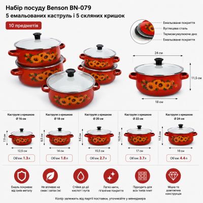 Набір емальованих каструль 5 штук зі скляною кришкою Benson BN-079 №0