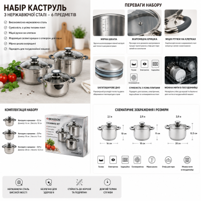 Набір каструль Benson BN-190 (ємність 2,1 л, 2,9 л, 3,9 л) №0