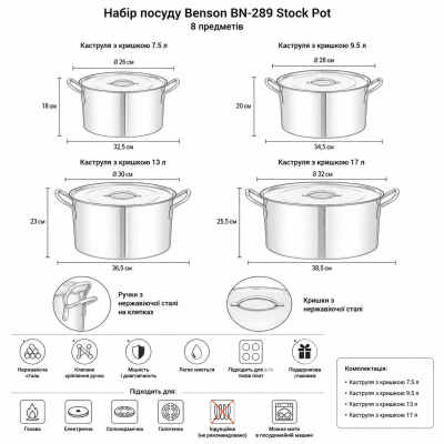 Набор посуды из нержавеющей стали Benson BN-289 (8 предметов) Stock Pot №0