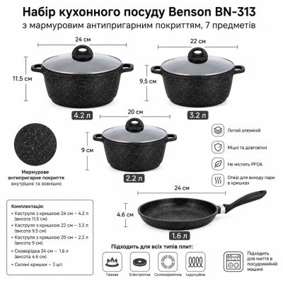 Набор посуды с мраморным покрытием Benson BN-313 №0