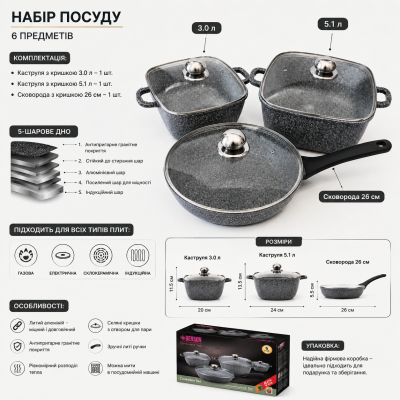 Набор кастрюль с гранитным антипригарным покрытием Benson BN-326 №0
