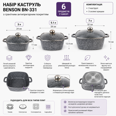 Набор кастрюль с гранитным антипригарным покрытием Benson BN-331 №0