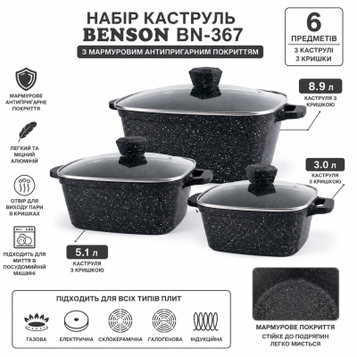 Набор кастрюль с мраморным антипригарным покрытием Benson BN-367 №0