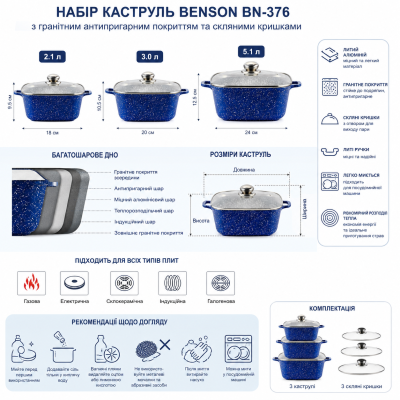 Набор кастрюль с гранитным антипригарным покрытием Benson BN-376 №0