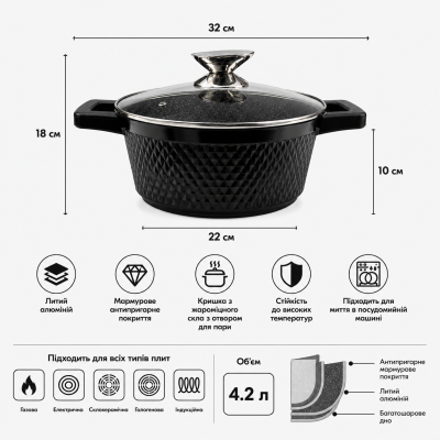 Каструля з кришкою з антипригарним покриттям Benson BN-392 4.2л №0