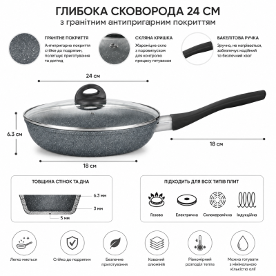 Сковорода с крышкой с антипригарным гранитным покрытием Benson BN-494 Ø24см №0