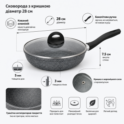 Сковорода с крышкой с антипригарным гранитным покрытием Benson BN-495 Ø28см №0