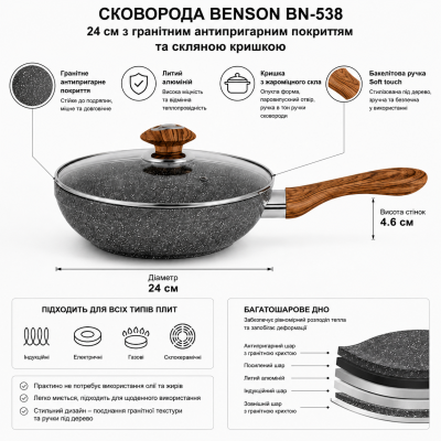 Сковорода с крышкой с антипригарным гранитным покрытием Benson BN-538 Ø24 №0