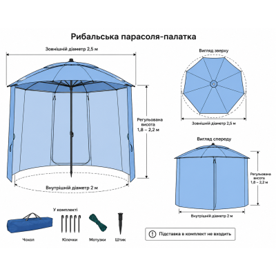 Профессиональный зонт-палатка  2,4 м – рыбацкий, ветроустойчивый, со съемными стенками №0