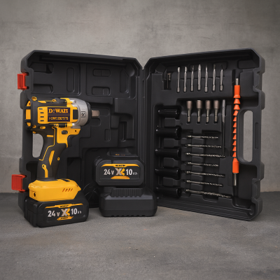 DeWALT гайковерт аккумуляторный 24V бесщеточный с кейсом, 2×10Ah аккумуляторами и набором насадок. №0