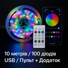 Светодиодная гирлянда-лента RGB - 10 метров, 100 диодов, USB (без адаптера), пульт.