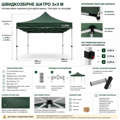 Шатер раздвижной усиленный для сада 3х3 м 420D тентHP-JW-16 №0
