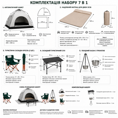 Набор для отдыха на природе 7 в 1 с палаткой, матрасом, столом, креслами и котлом №0