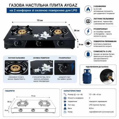  Газова плита 2 конфорки AYGAZ, скляна поверхня, латунні пальники, п’єзорозпал, для балонного газу №0