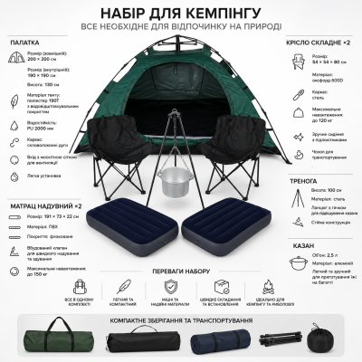 Кемпінговий набір 6в1 для туризму: палатка 210×200, матрац , тринога, казан 2,5 л та 2 крісла №0