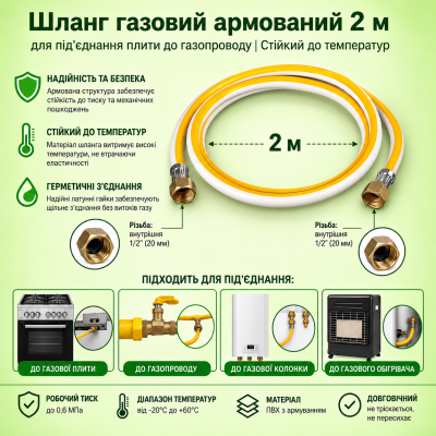 Шланг газовый армированный 2 м для подключения плиты к газопроводу. №0