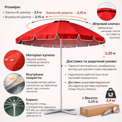 Профессиональный торговый зонт Moonsen Premium 2.5M | Турецкое качество и надежность №0