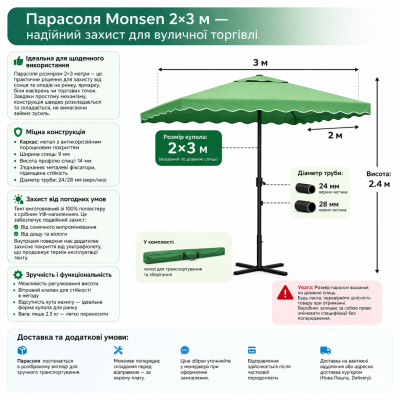 Торговый зонт 2×3 м Monsen PRO для рынка, усиленный каркас 9×14 мм, вентиляция, защита от солнца №0