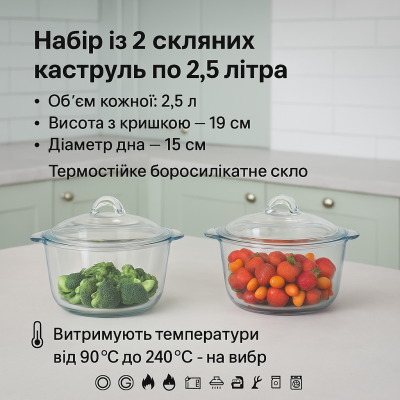 Набор стеклянных кастрюль из жаропрочного стекла. №1