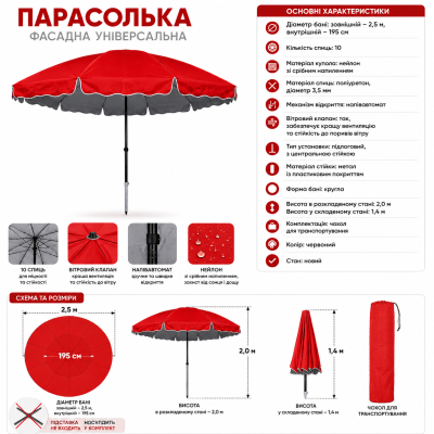 Зонт 2,5м Красная | Надежная защита и стильный дизайн №0