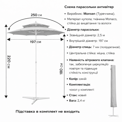 Усиленный торговый зонтик Monsen 2.5 м | Антивитер Standart | Полиуретановые спицы Чехол в комплекте ТурцияКрасный №0