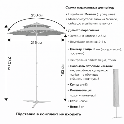 Усиленный торговый зонтик Monsen 2.5 м | Антивитер Standart+| Полиуретановые спицы Чехол в комплекте Турция №0