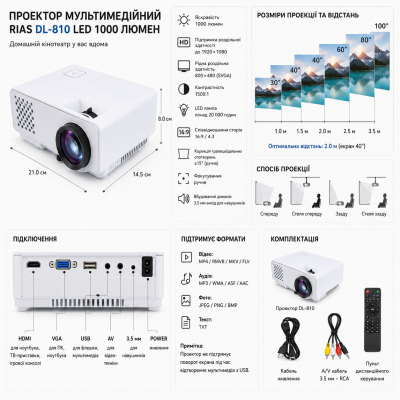Проектор мультимедийный RIAS DL-810 LED 1000 люмен White №0