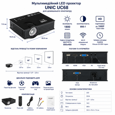 Проектор Мультимедийный Wi-Fi UNIC UC68 BK, домашний кинотеатр 1800 люмен, светодиодный проектор с HD 1080p №0