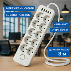 Сетевой фильтр Удлинитель USB ТК-13 (10×220В+4×USB+1×Type-C), F26u, Белый, 3 м