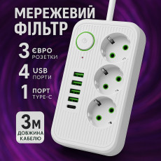 Подовжувач електричний (3×220В+4×USB+1×Type-C), QL-1074U, Білий 3m