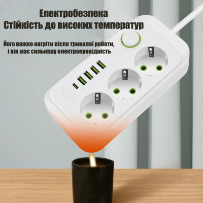 Сетевой фильтр Удлинитель с USB (3×220В+4×USB+1×Type-C), QL-1074U, Белый 3m №1