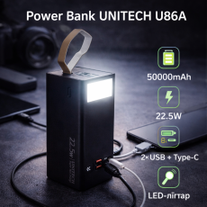 Power Bank UNITECH U86A 50000mAh 22.5W, 2×USB+Type-C,