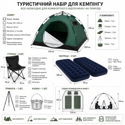 Кемпинговый набор 6в1 для туризма: палатка 210×200, матрас 190×130, тренога, котел 2,5л и 2 кресла. №0