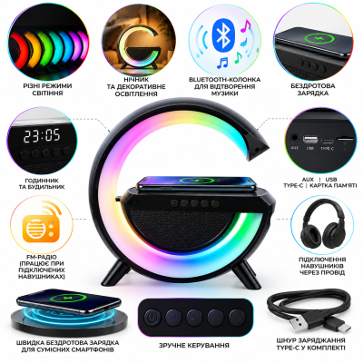 Ночник Smart Light Sound Machine с беспроводной зарядкой и Bluetooth колонкой  №0