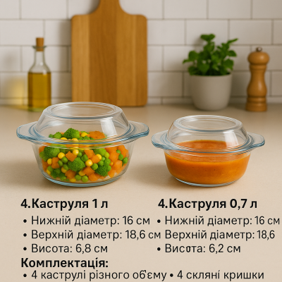 Набор стеклянных кастрюль 4+4 для плит и духовок.  №3