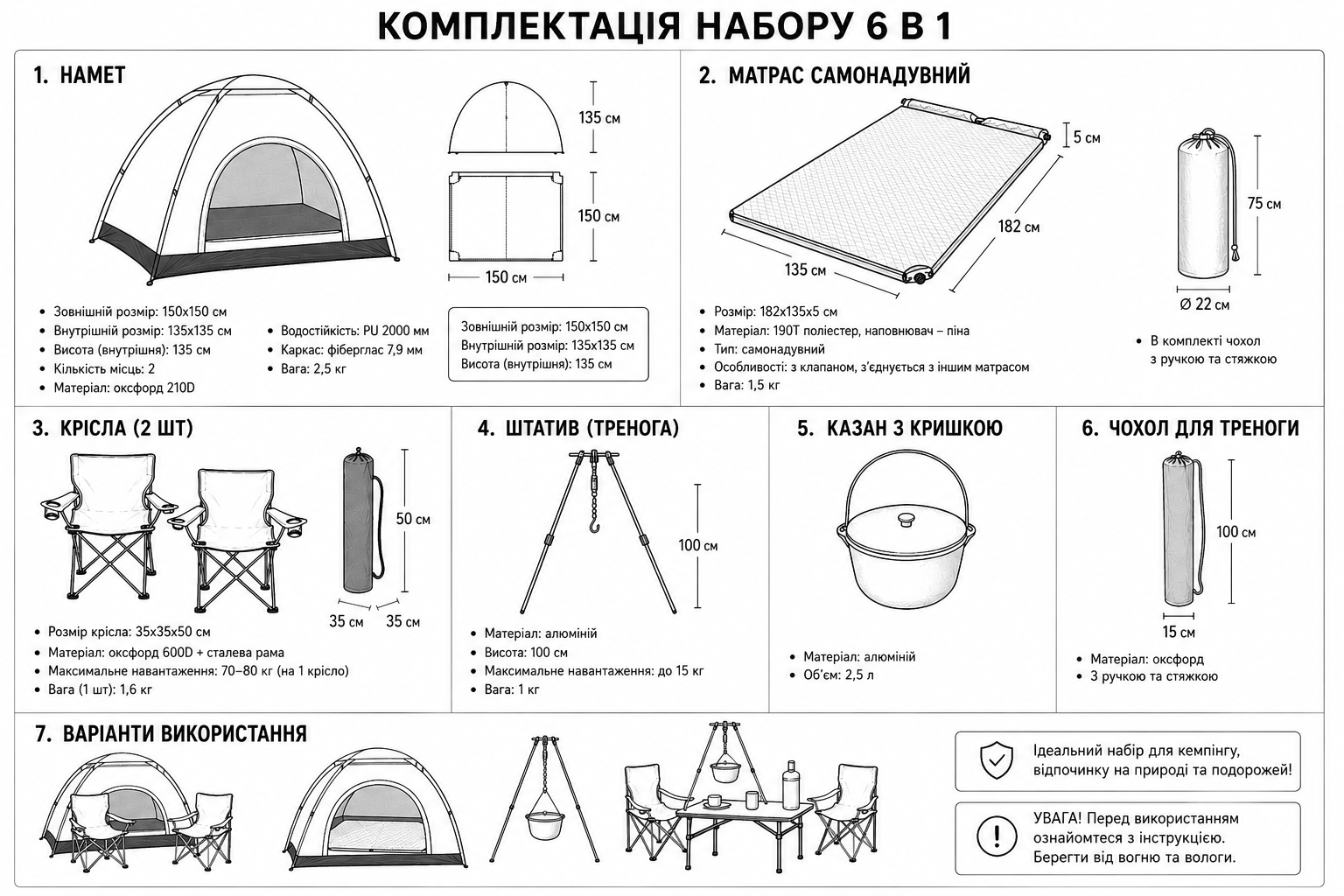 Кемпинговый набор 6 в 1: автоматическая палатка, надувной матрас, два туристических кресла, котел 2,5 л и тренога