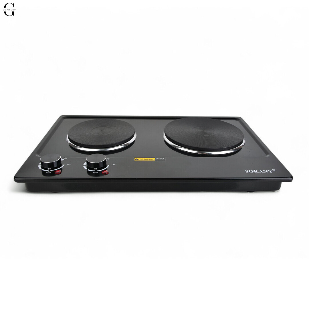 Электроплита настольная Sokany SK-07002 с 2 конфорками, регулировкой мощности и защитой от перегрева.