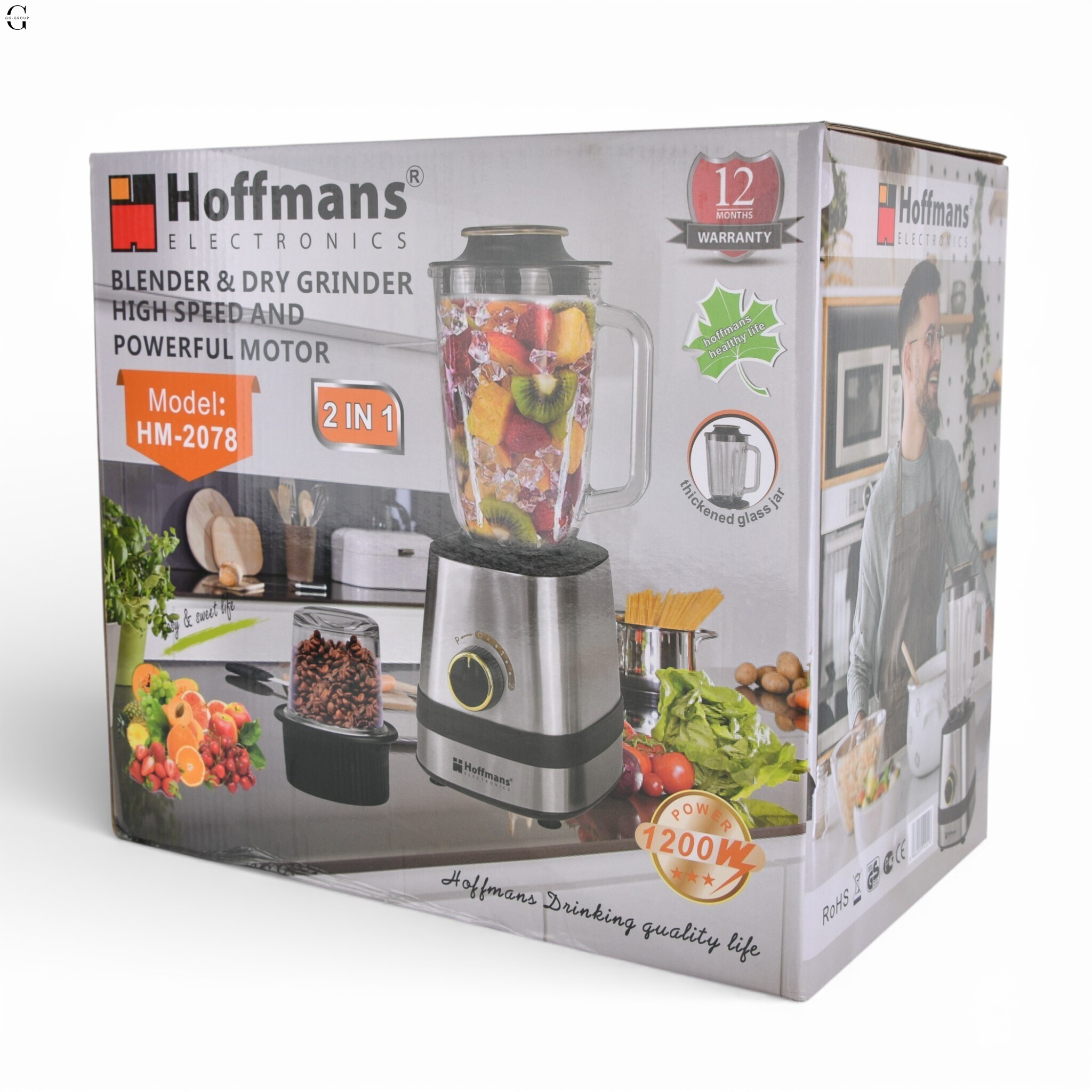 Блендер кухонный 2в1 Hoffmans HM-2078 1200Вт со стеклянной чашей.
