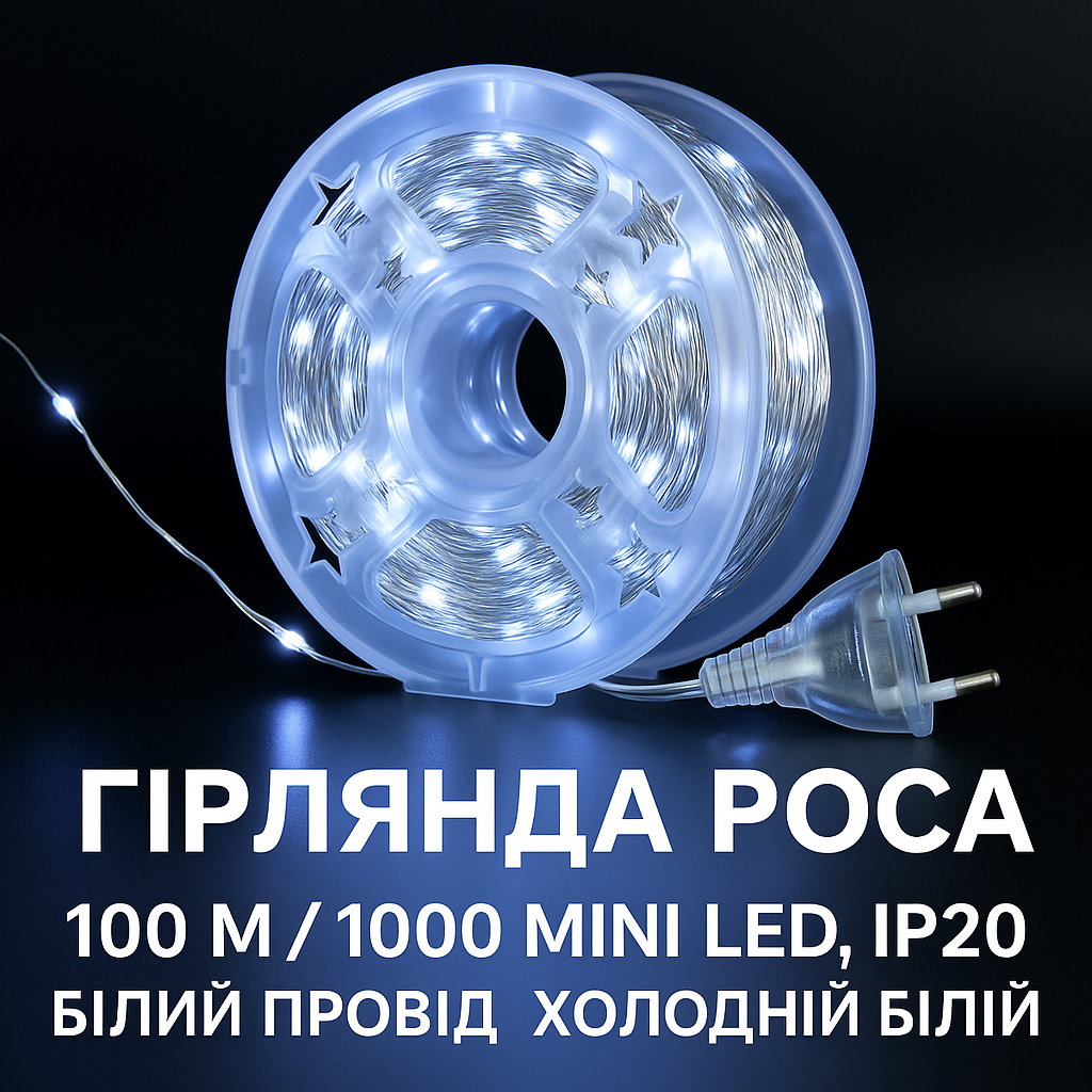 Гирлянда Роса Капля 100 метров 1000 LED светодиодная гирлянда в катушке медный Белая 