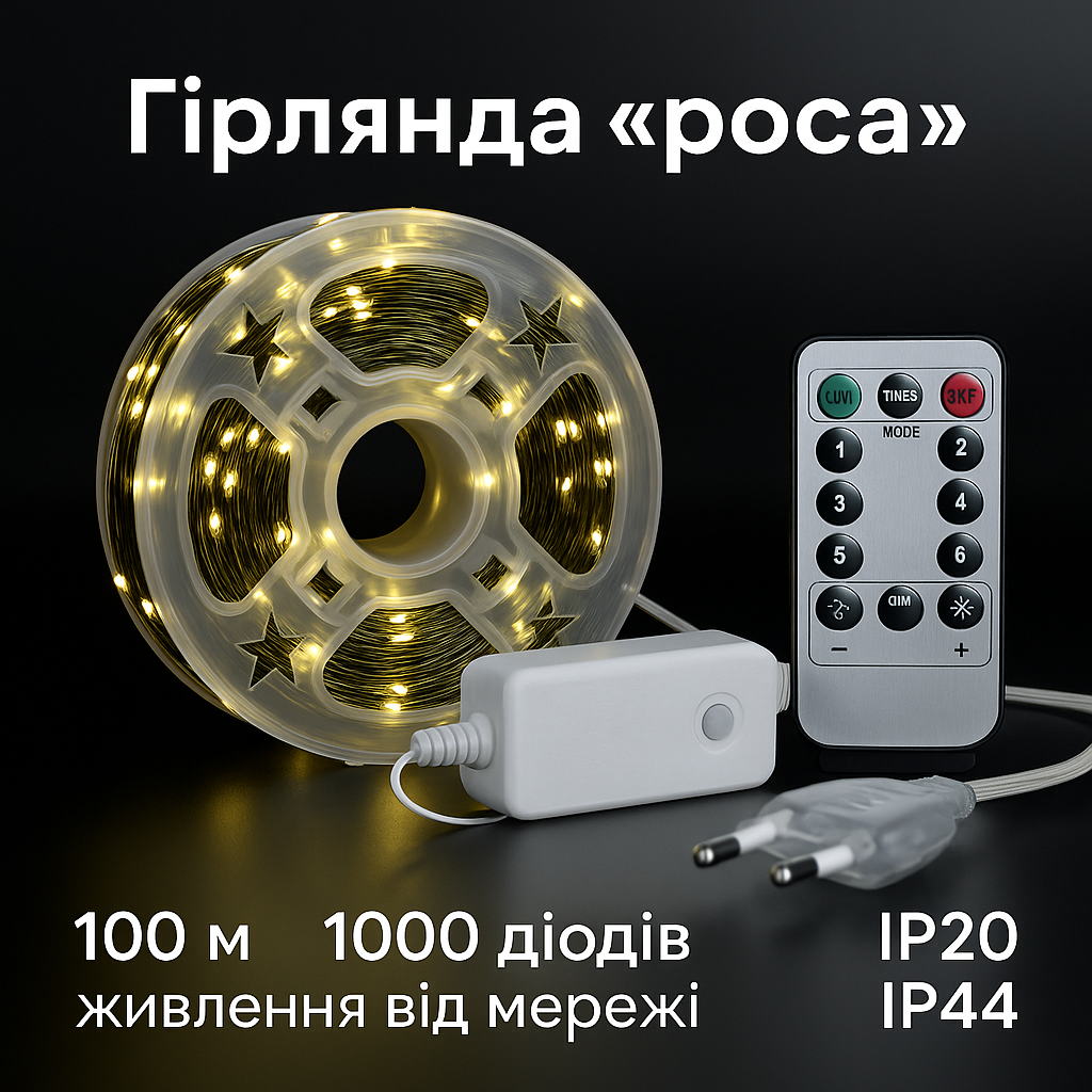 Гирлянда Роса 100 м/1000 High-Brightness LED, IP44 питание 220В, катушка