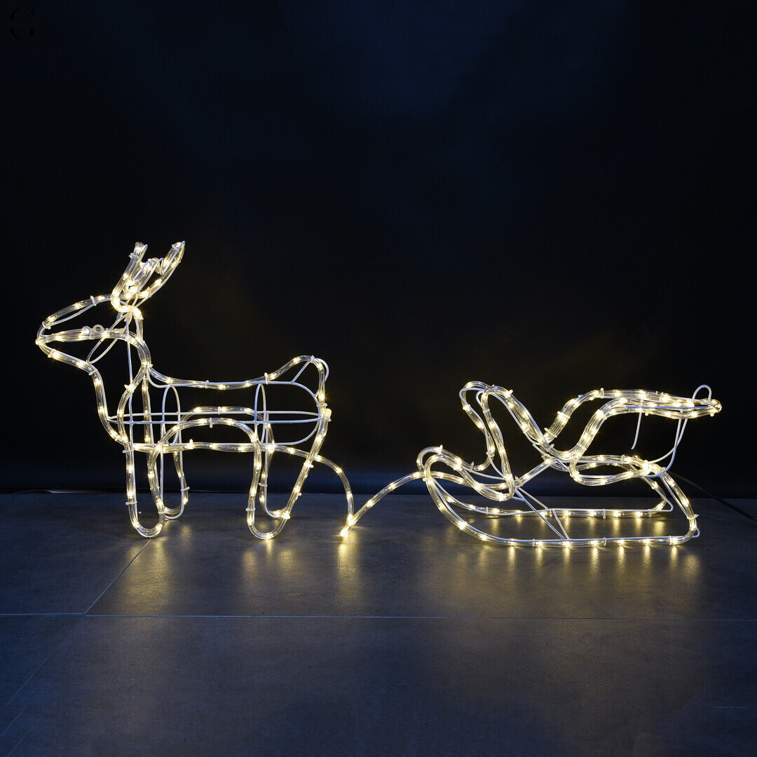 Рождественская фигура Олень и сани 125 см, дюралайт LED, 350 LED, теплая белая свеча для интерьера и сада