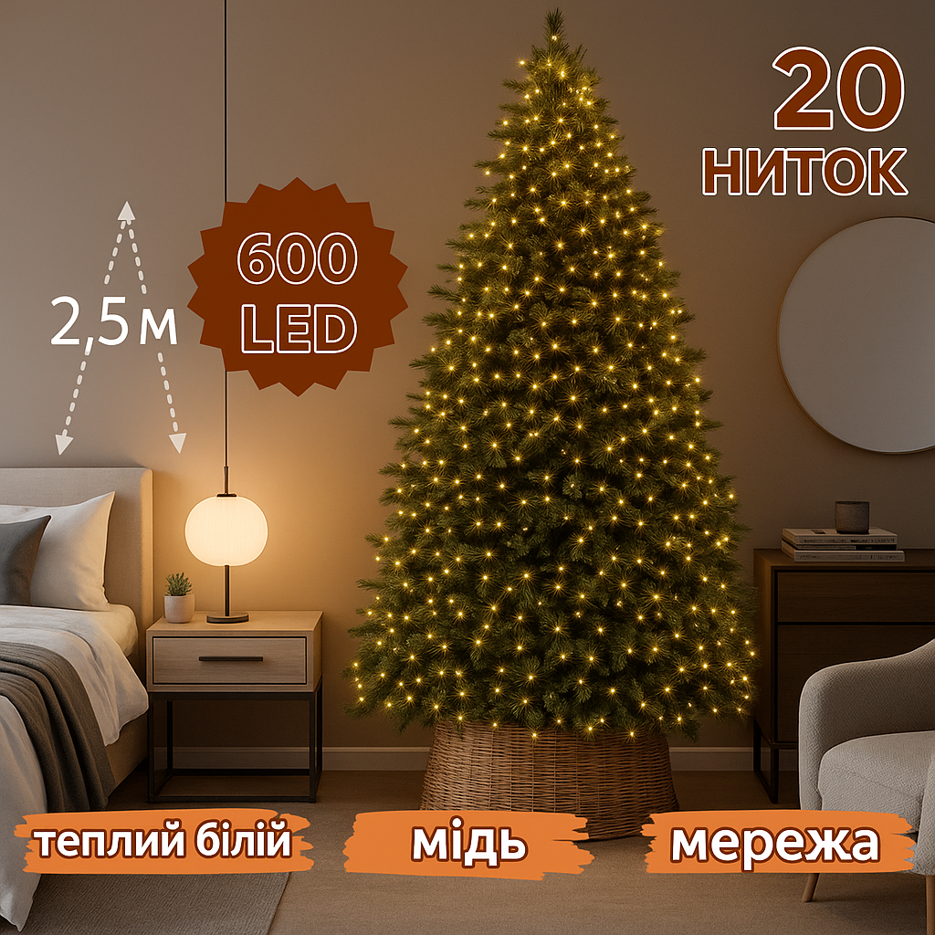 Гірлянда “Кінський хвіст” 600 LED, 20 ниток, 2.5 м, теплий білий, 8 режимів від мережі 