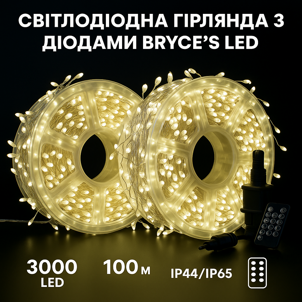 Гірлянда Роса мішура Кропля 100 метрів 3000 LED світлодіодна гірлянда в котушці мідний провід 8 функцій жовтий +пульт