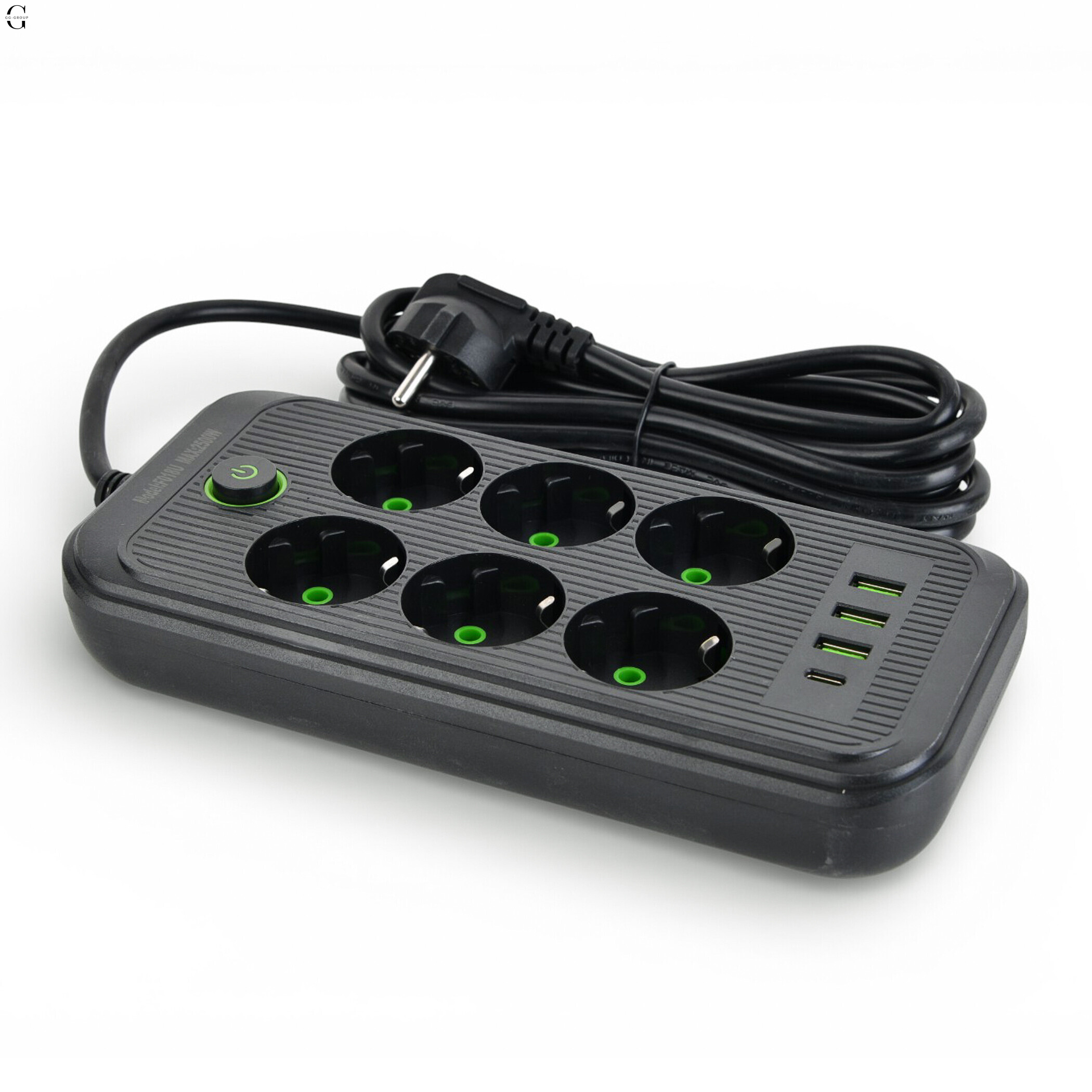 Підовжувач мережевий ТК-5 F06u 3м 6 розеток + 3USB + 1 Type-C, 2500Вт, чорний, із захистом та кріпленням